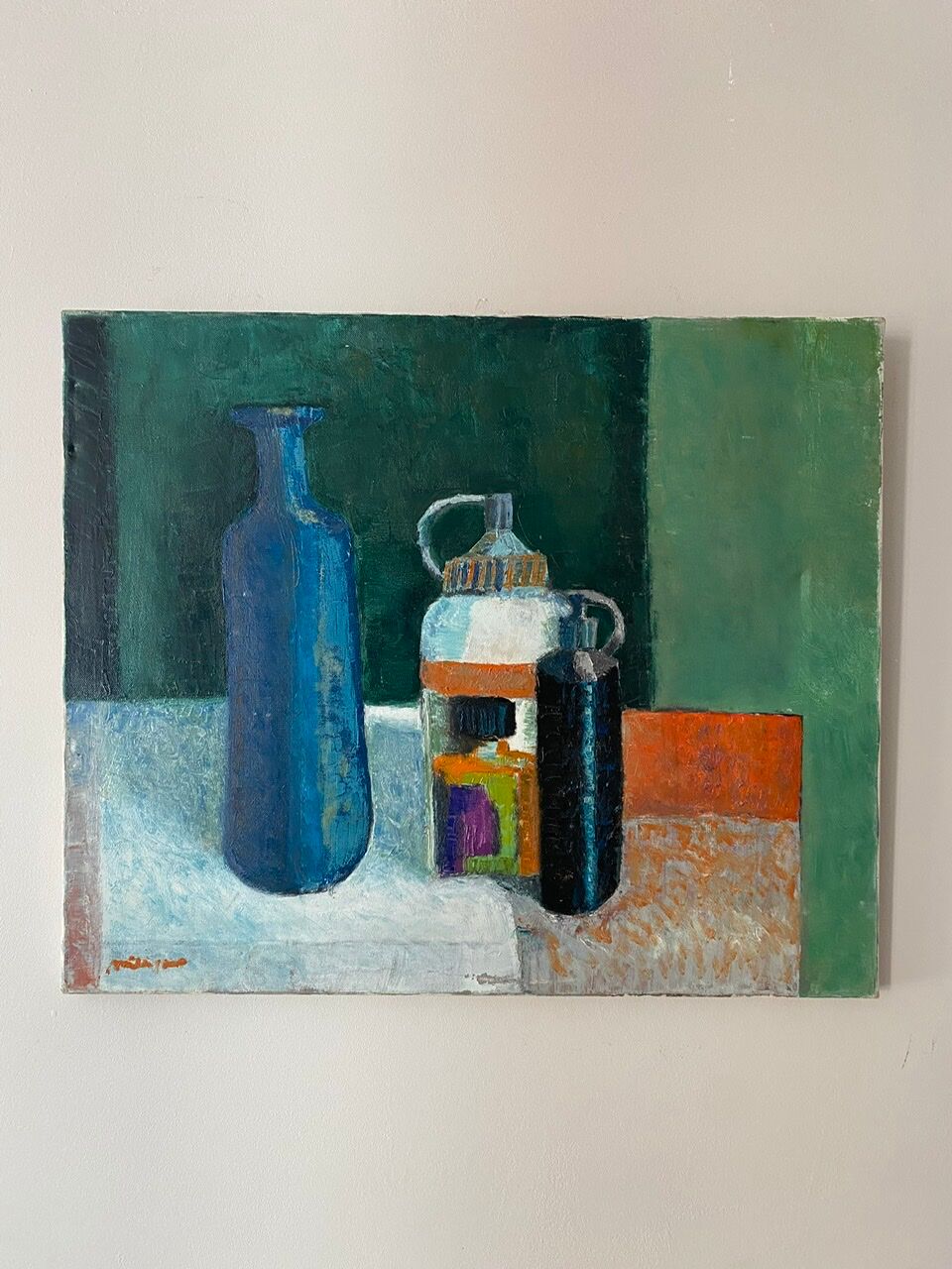 Old painting, still life with bottles signed Milliquet (1896-1982)