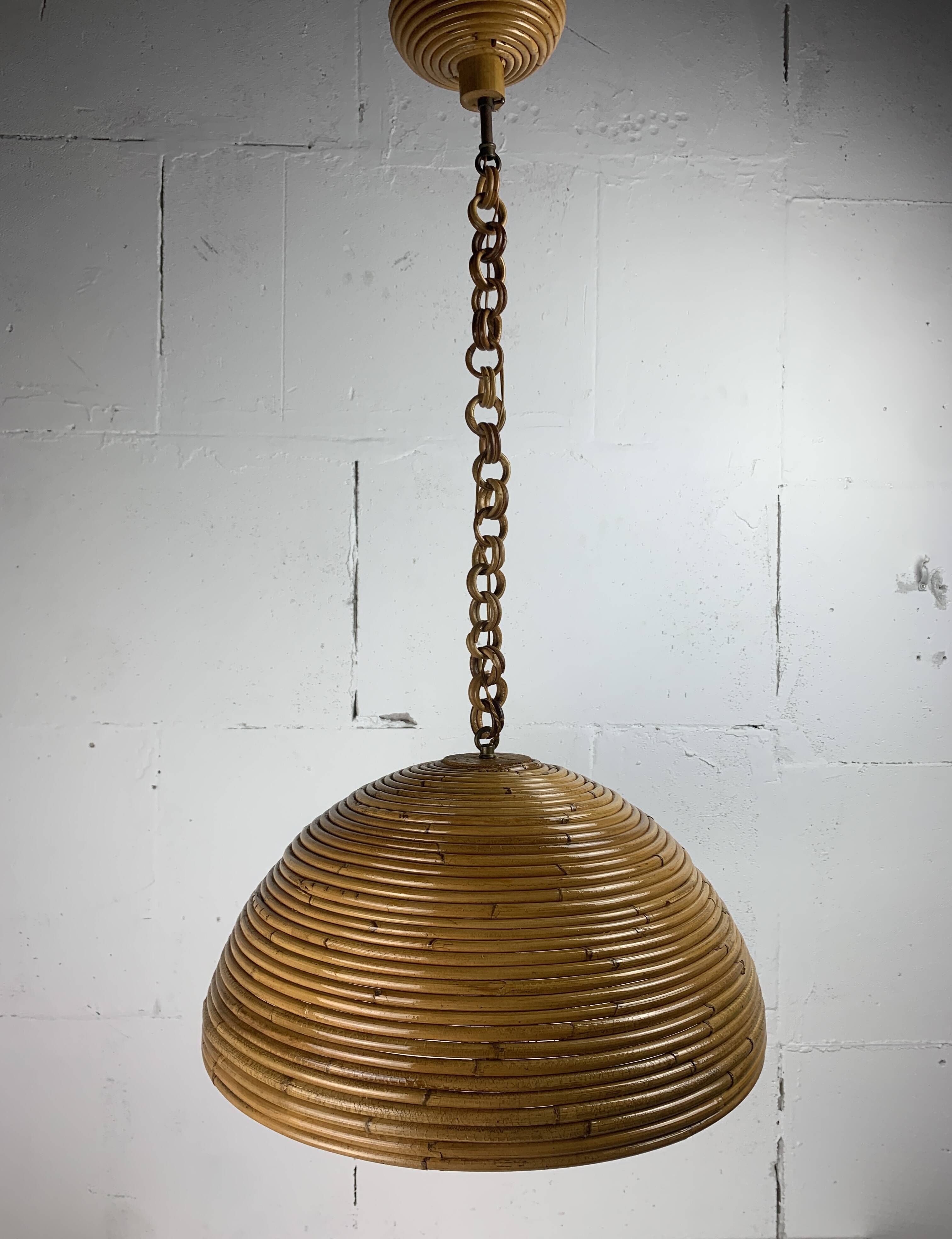 Midcentury pencil reed rattan bamboo pendant hanging lamp, Italy, 1970s