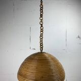 Midcentury pencil reed rattan bamboo pendant hanging lamp, Italy, 1970s