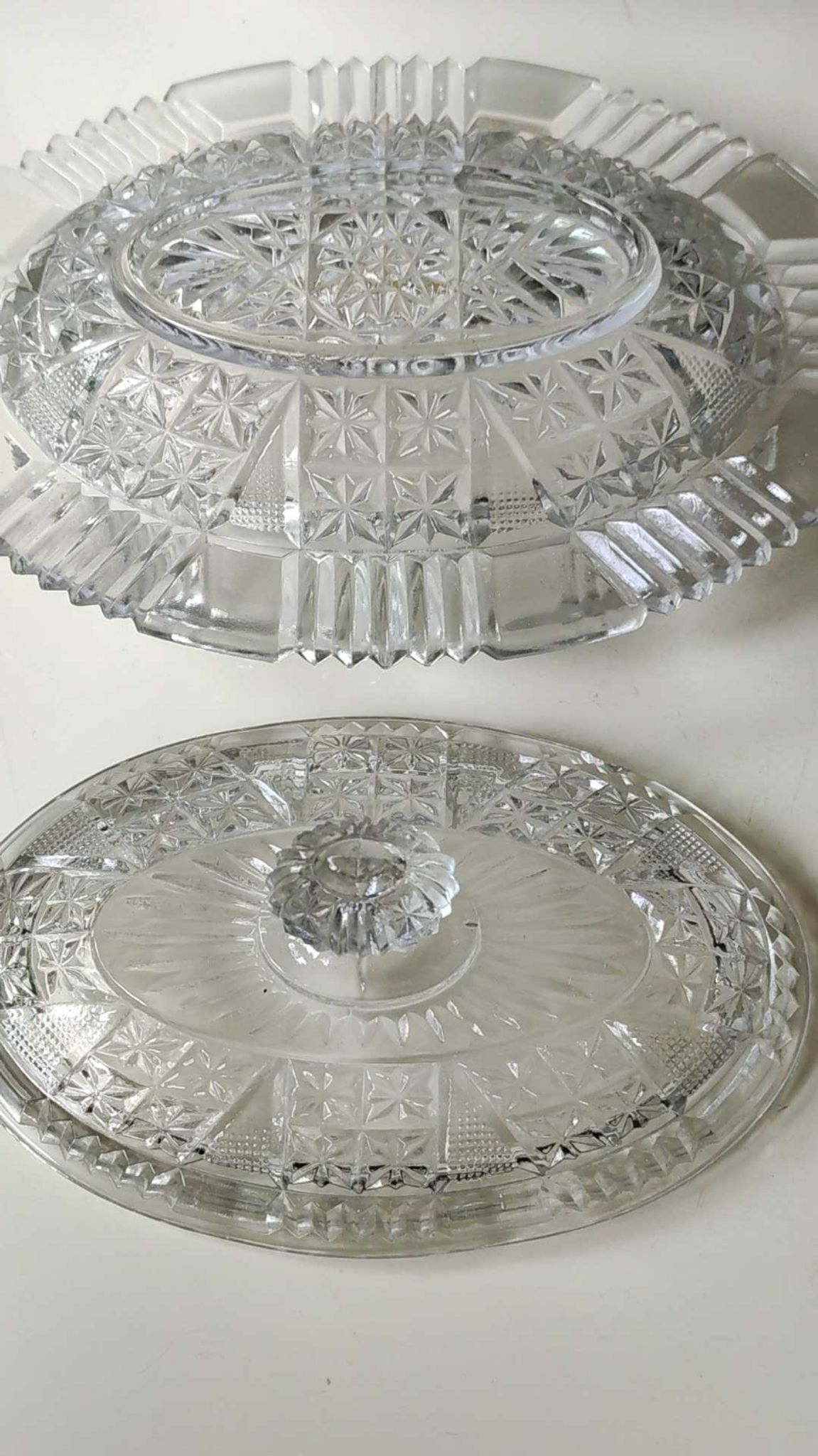 Old Art Deco butter dish, molded glass, Portieux style Star motifs, braces, diamonds