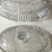 Old Art Deco butter dish, molded glass, Portieux style Star motifs, braces, diamonds