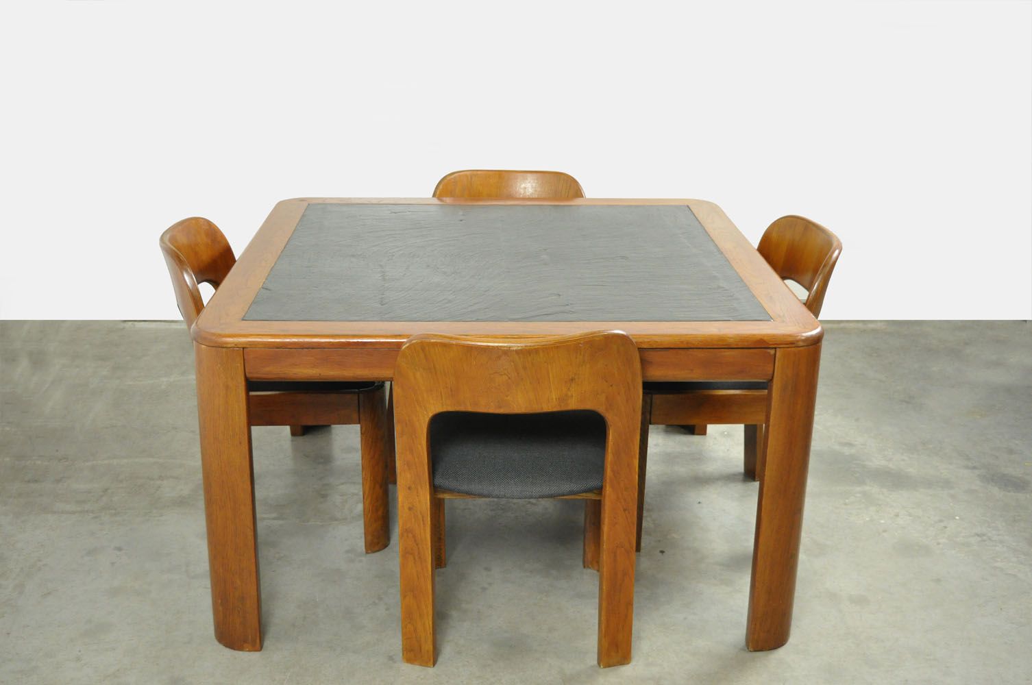 Vintage dining table set with plywood chairs and wooden table with slate inlay, 70s
