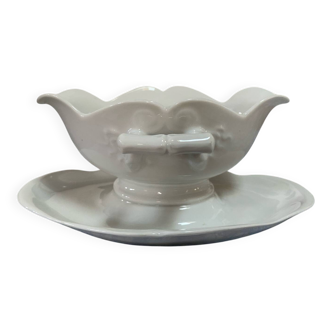 Antique porcelain sauce boat with bamboo pattern.