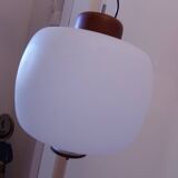50's, 60'S design pendant lamp in opaline and teak by Goffredo Reggiani.