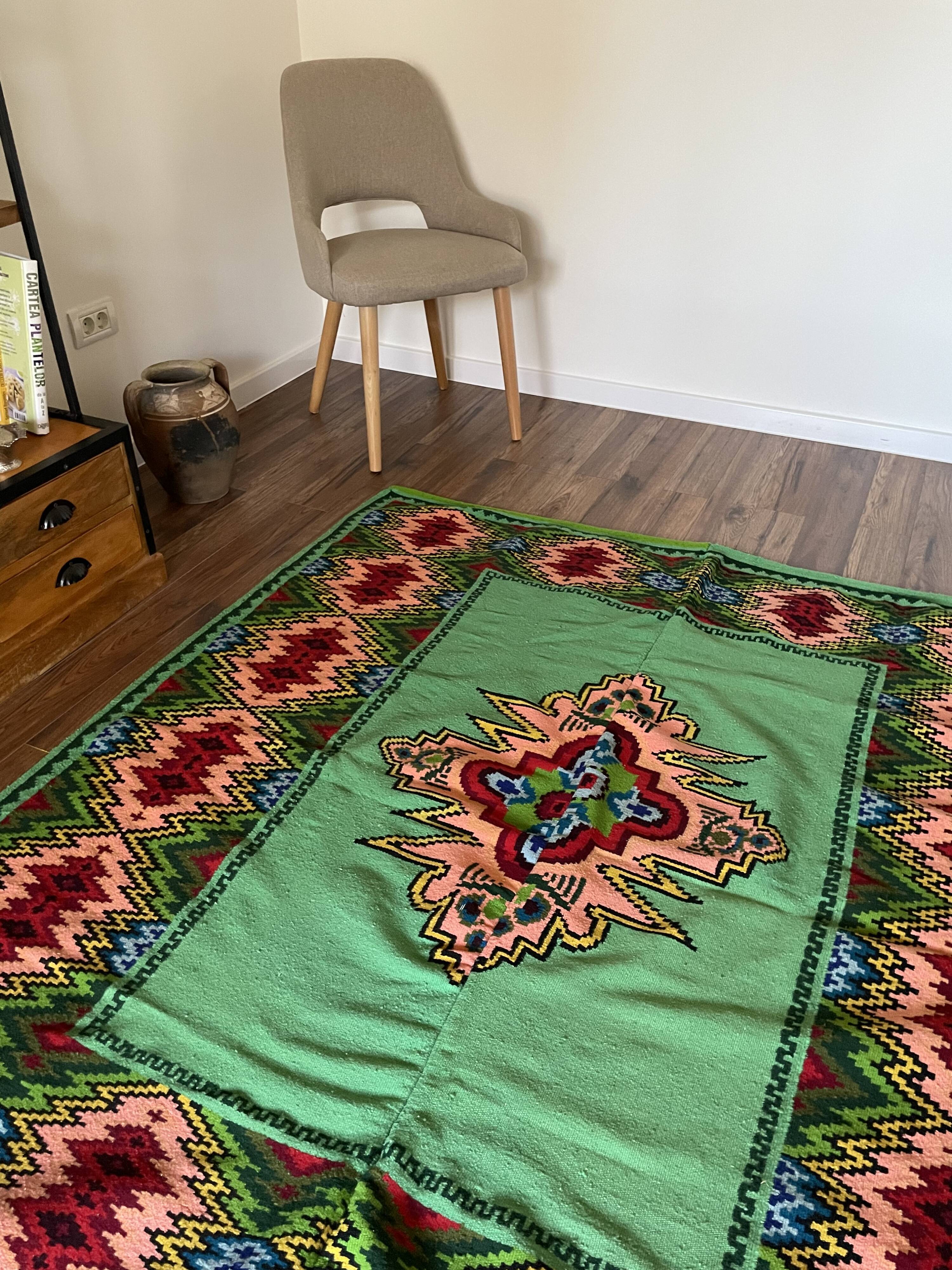 Romanian flatwoven rug geometrical design on a green turquoise background, 158x185 cm