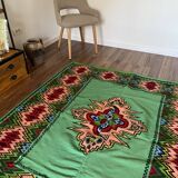 Romanian flatwoven rug geometrical design on a green turquoise background, 158x185 cm