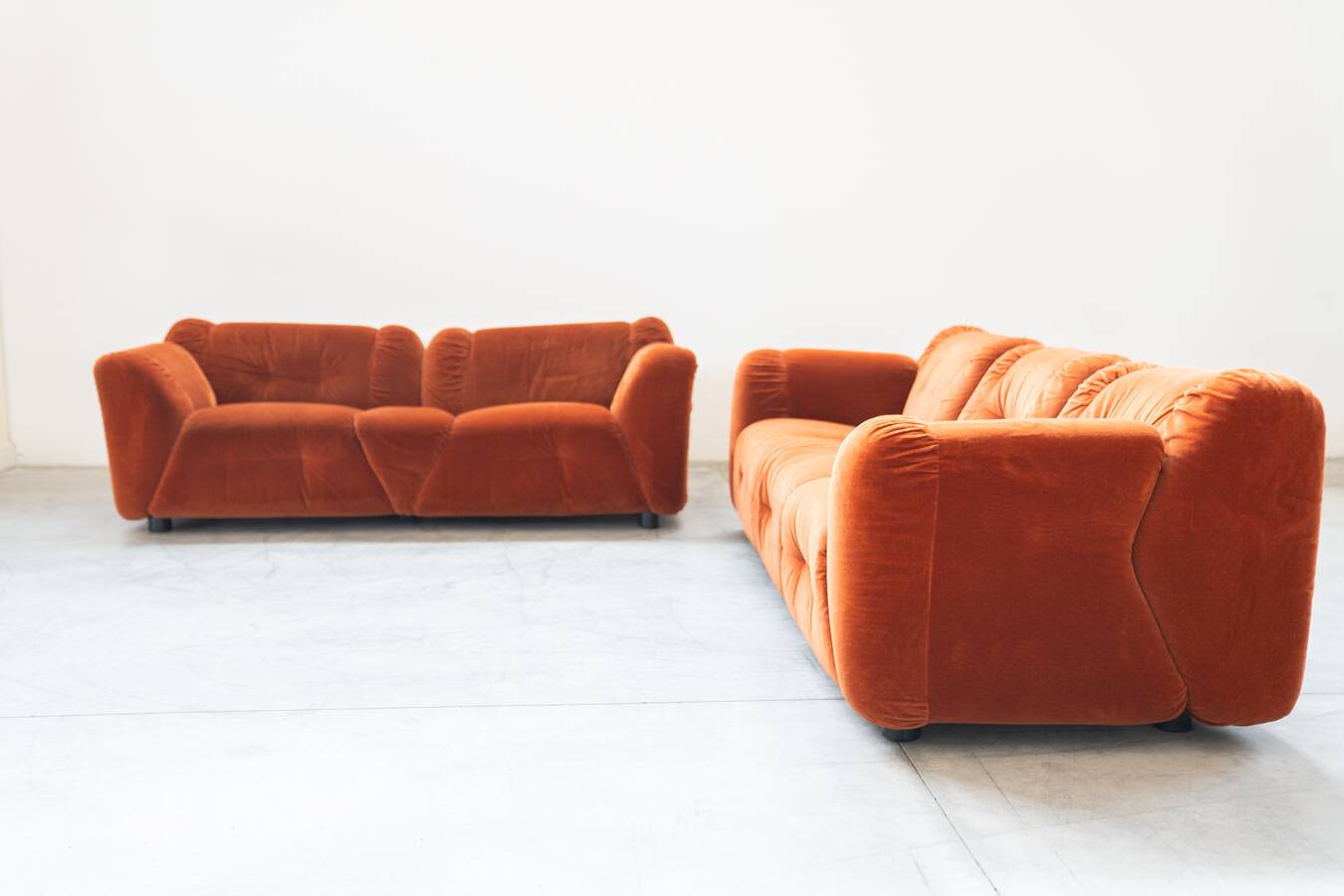 Orange chenille sofas, two and three seats, set of 2, 1970s