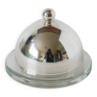 Silver-plated metal and glass butter dish, St Hilaire, 1950