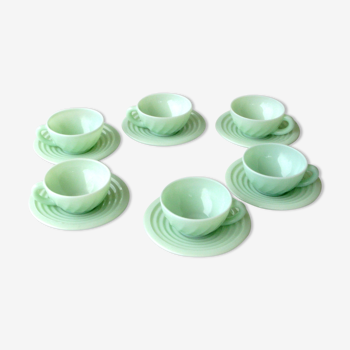 Service à café opaline verte - 6 tasses et 6 sous tasses - france - jade pastel