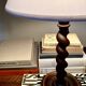Turned wooden lamp, fabric cable, cotton lampshade.