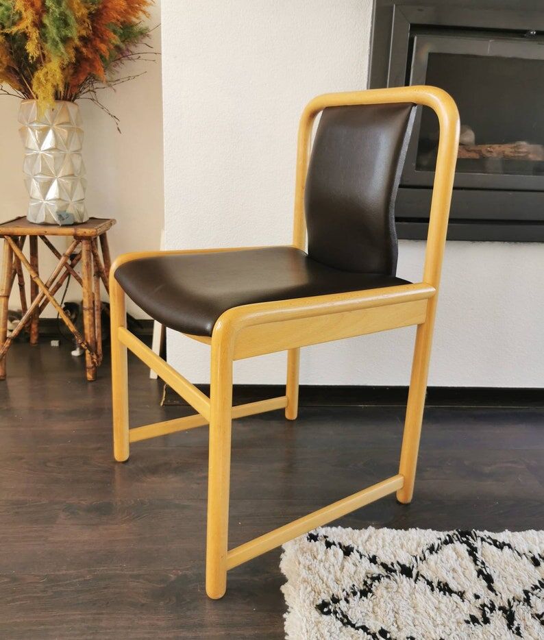 Vintage wooden chair with skai leather seat, 1990
