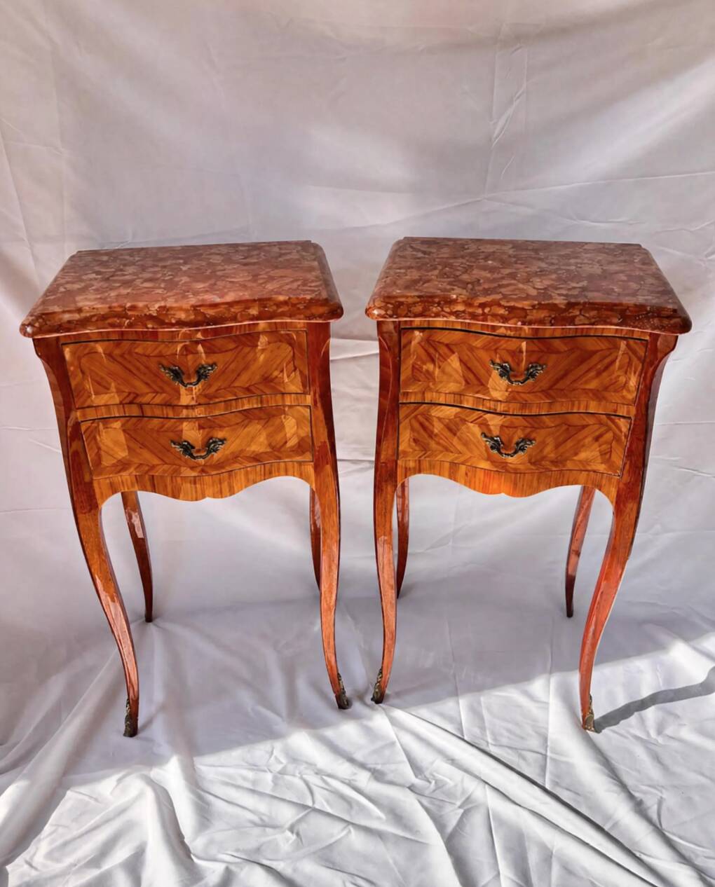 Pair of French Rosewood Nightstands, Marble Top Nighstands, Marquetry Bedsi