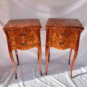 Pair of French rosewood bedside tables, marble top, inlaid beds.