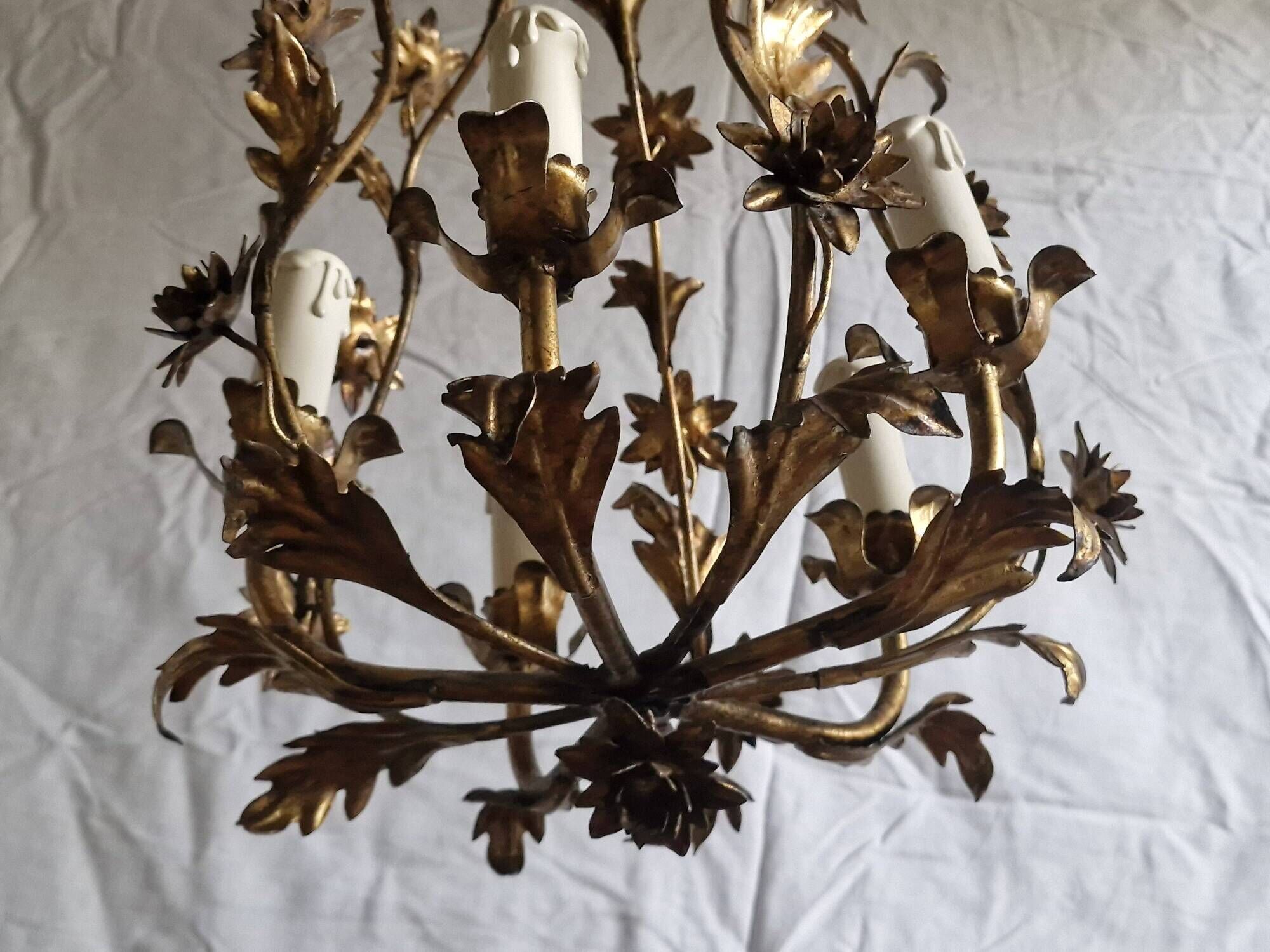 Rare suspension / antique chandelier with 5 lights - Flowers & Foliage in gilded metal