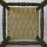 Vintage rustic stool, wooden ottoman footstool, wicker bench from the 1960