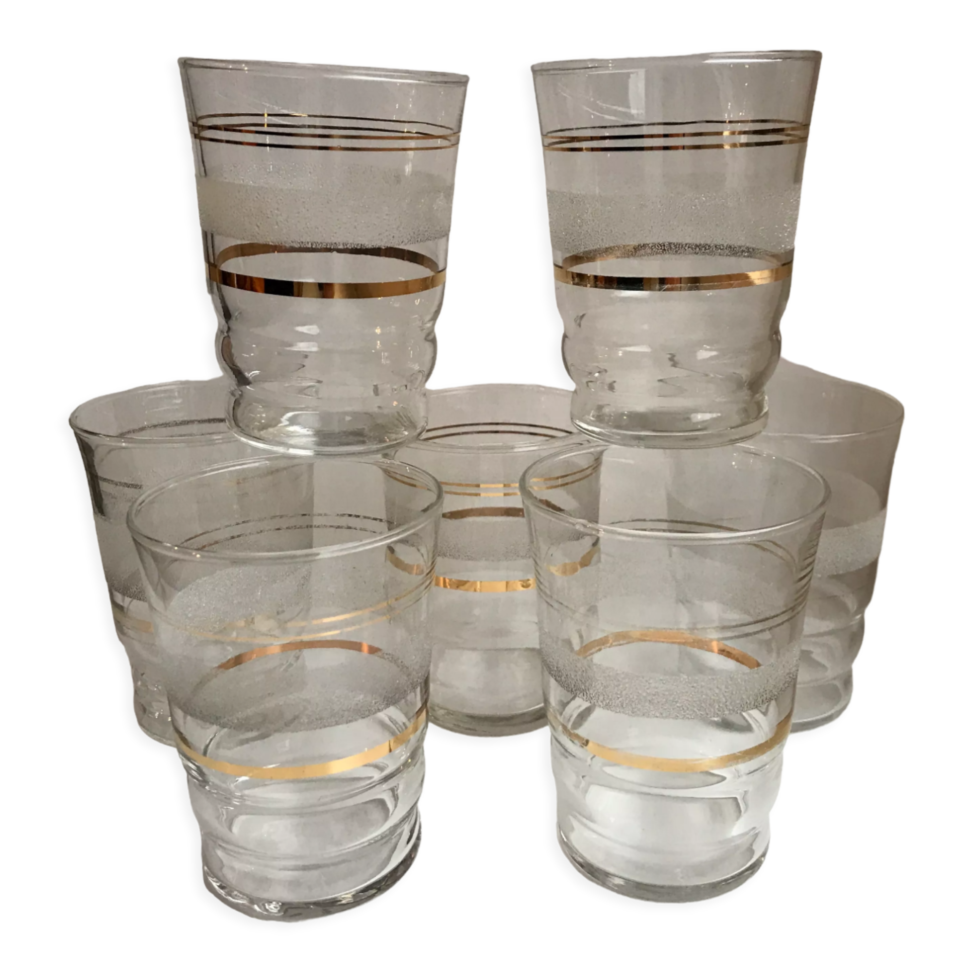 Set of 7 granite water glasses with golden edging 50s-60s