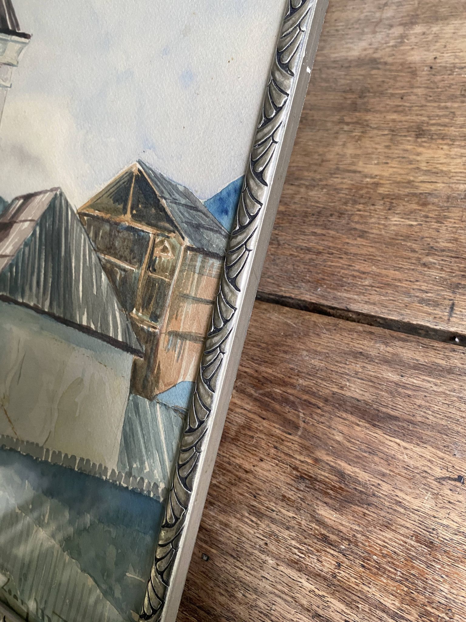 Aquarelle 1920, cadre bois sculpté argenté