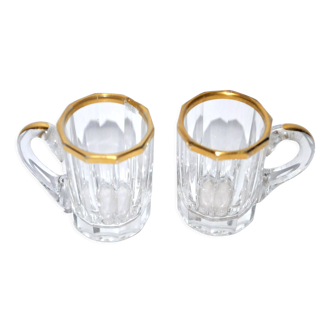 Baccarat set of 2 glasses with liquor mug in gilded cut crystal 1907 4.5cm