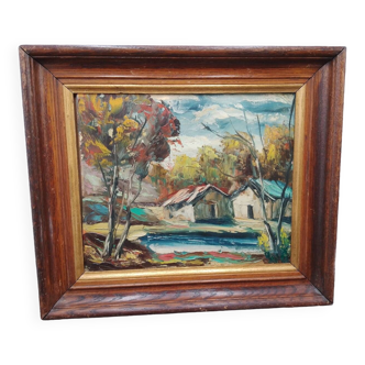 Landscape painting with a knife oil painting on painted wood signed j pirisi 1958