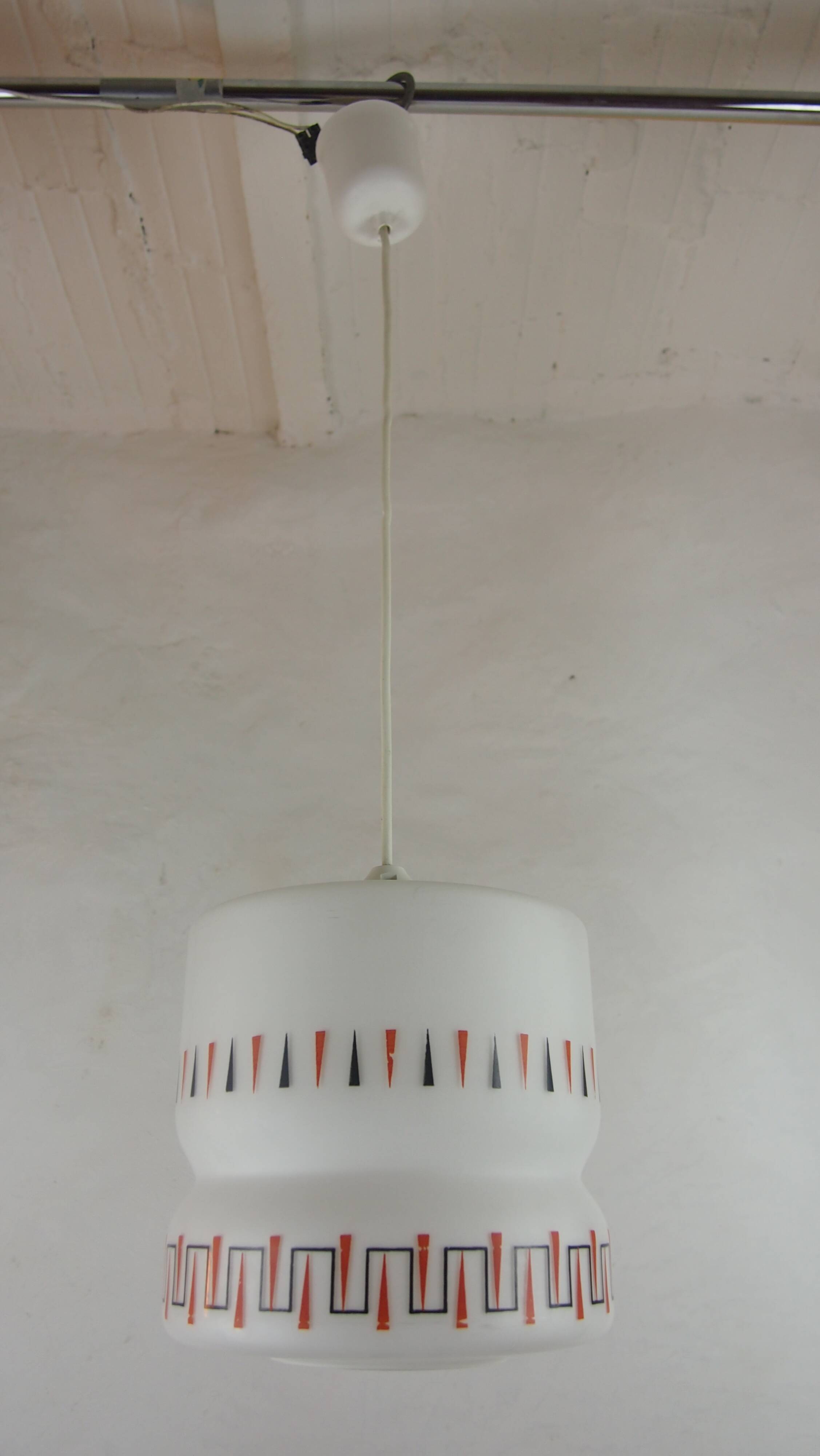 Vintage opaline glass pendant light with geometric design, 1960s Lunel style