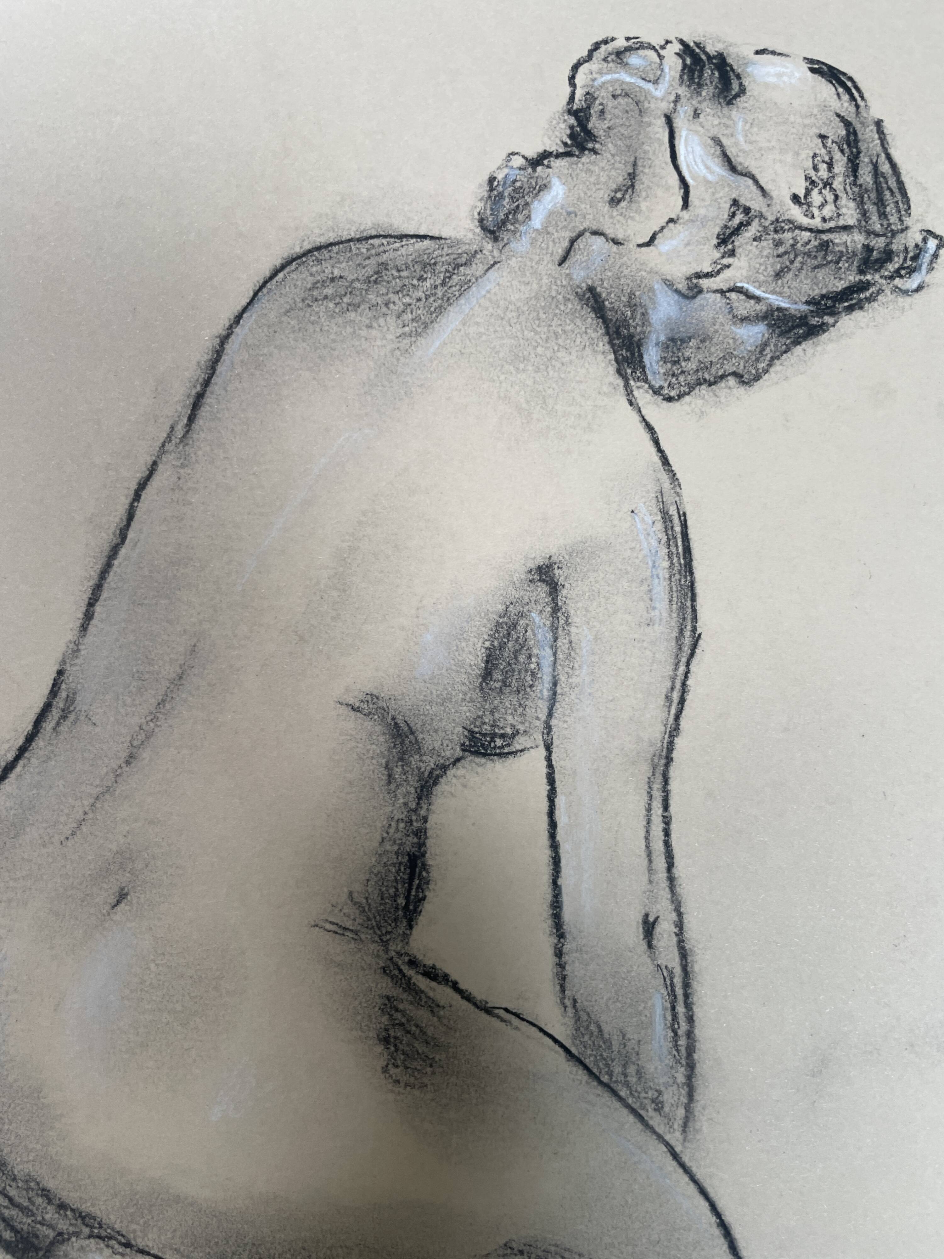 Charcoal drawing, study of a plaster statue of a woman, signed studio piece.