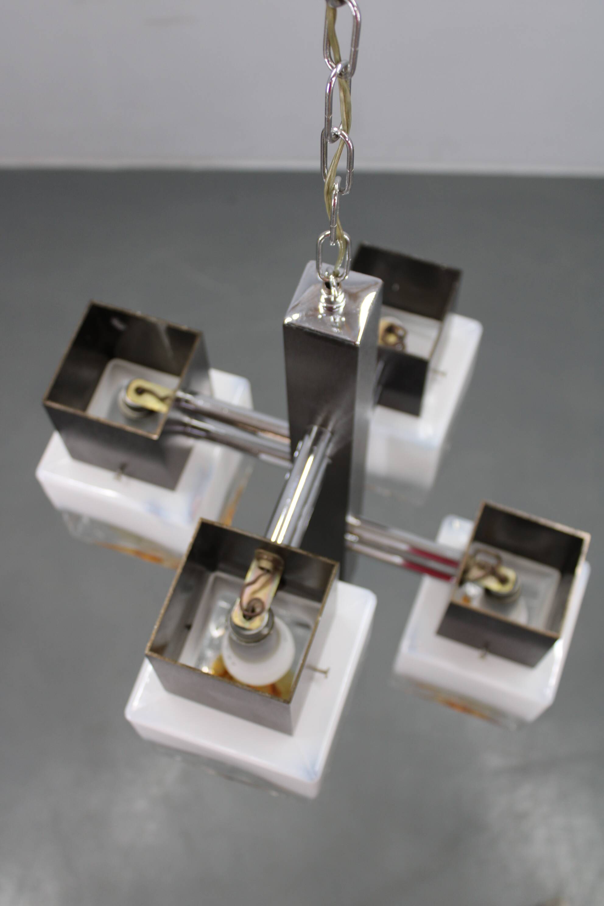 1970s Italian chandelier with Murano glass shades and anodized metal frame