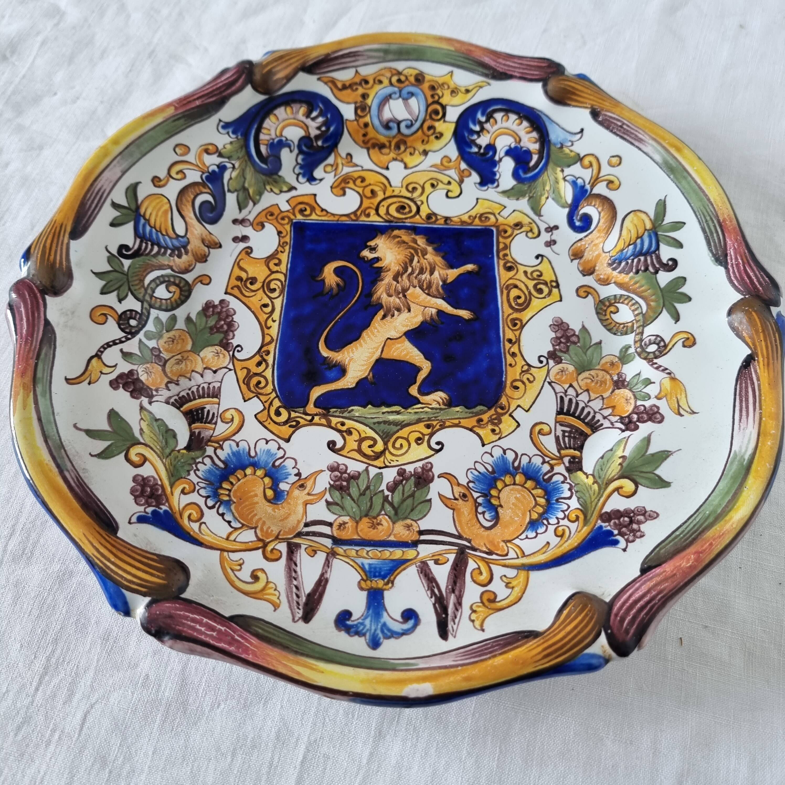 Magnificent antique French earthenware plate with shields signed Keller