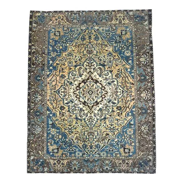 1960s Vintage Persian Handmade Wool Cotton Brown Area Rug 278x354