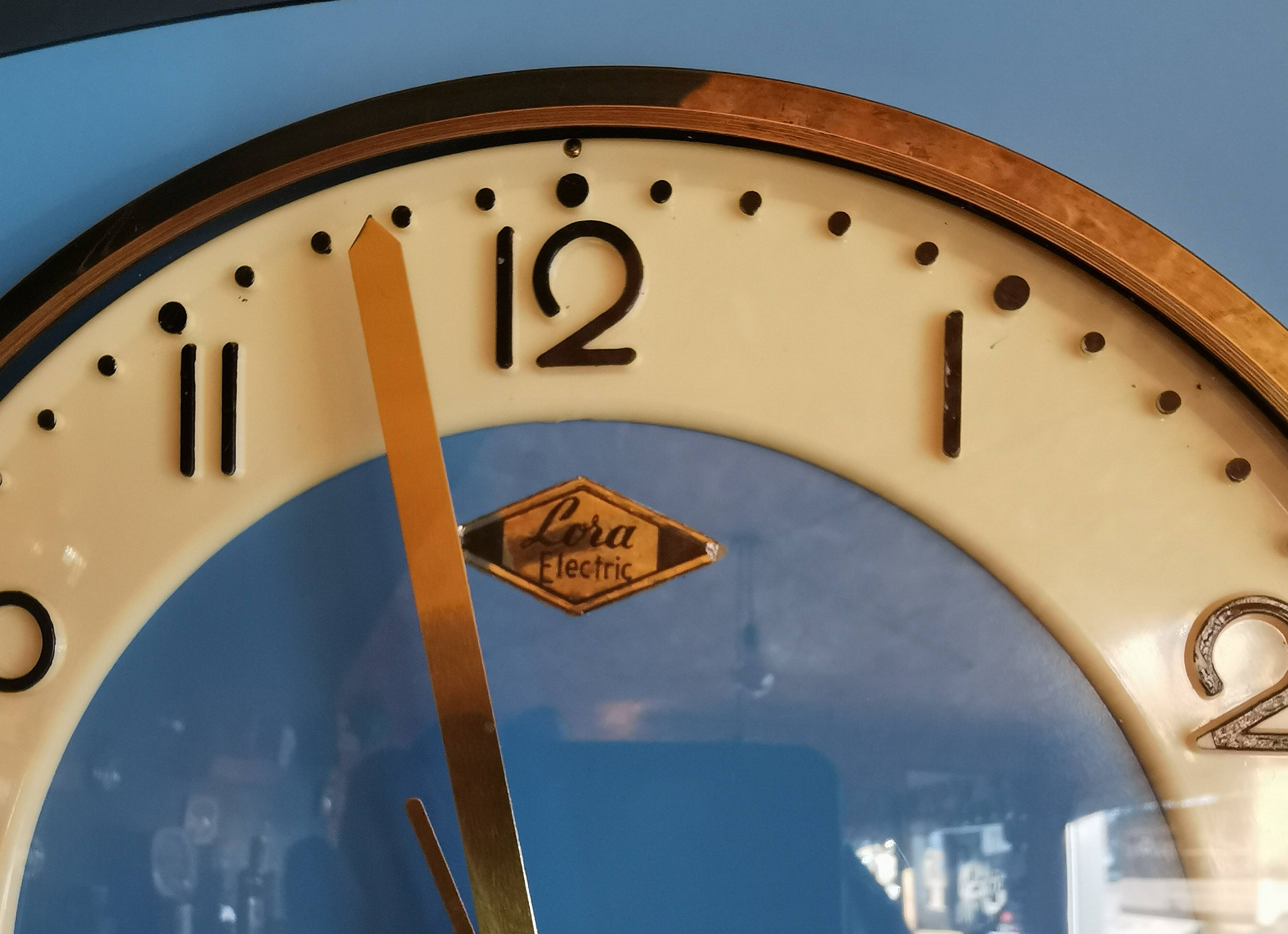 Vintage formica clock rectangular silent wall pendulum "Lora blue"