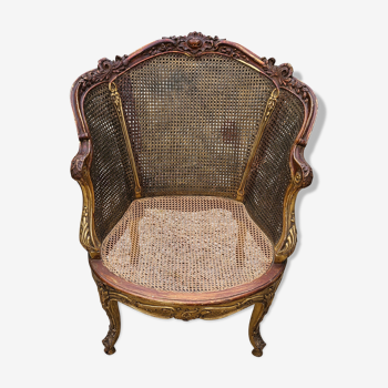 Fauteuil bois doré et double cannage