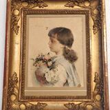 Watercolor on paper, portrait of a young girl, signed Alessandro Rontini, Florence (1854-1933)