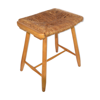 Rustic stool with seagrass seat, Poland, 1950