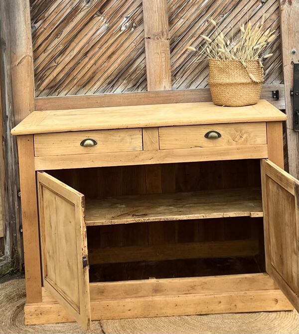 Buffet de campagne ancien en bois massif brut 2 tiroirs