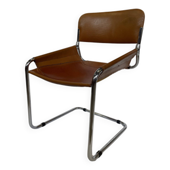 vintage dining room chair in cognac leather and chrome 1970s Italy