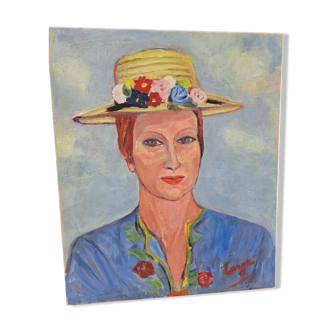 Toile signée portrait "femme au chapeau de paille "