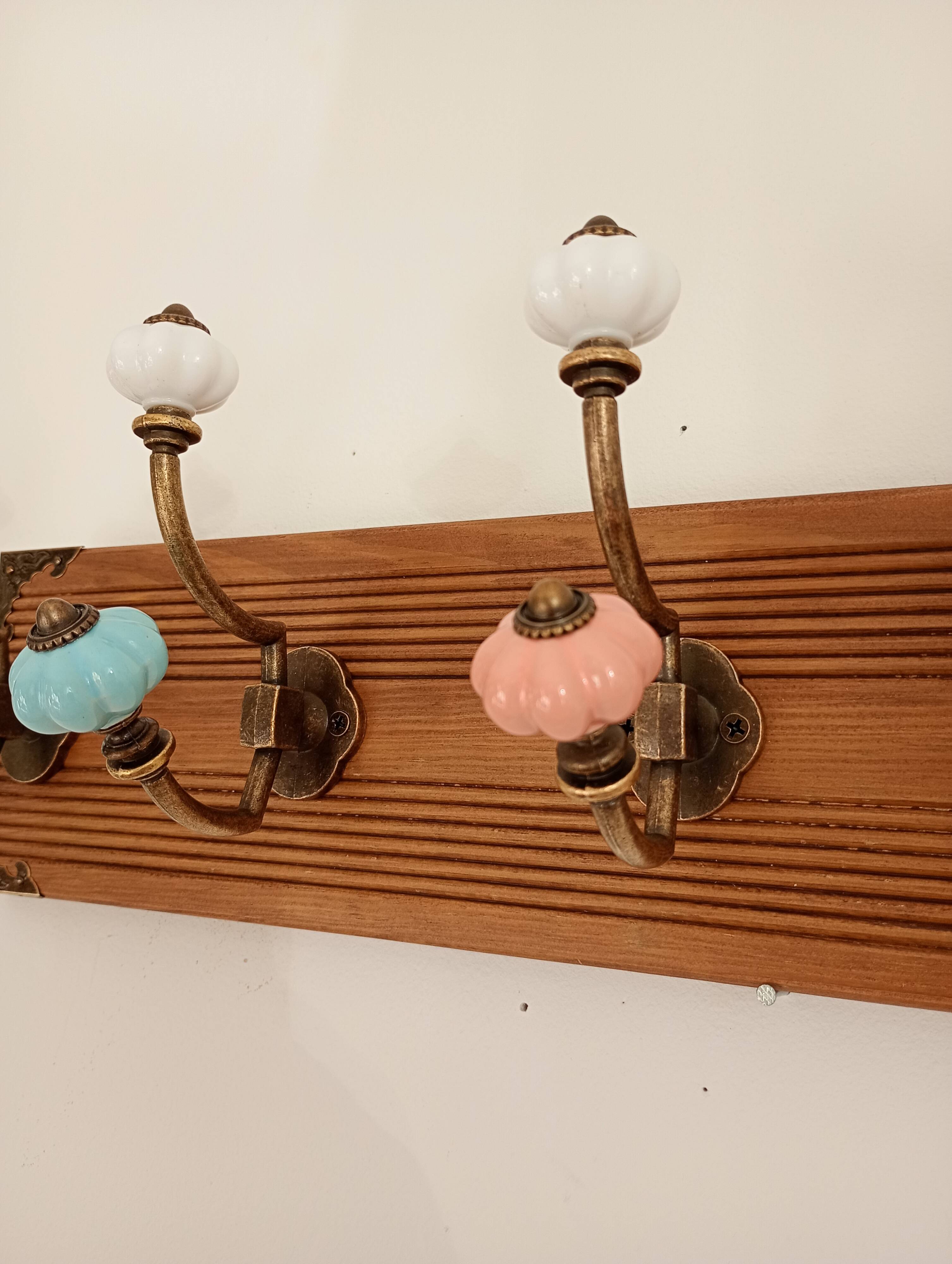 Wall-mounted coat rack with 8 hooks – vintage style – stained wood & metal