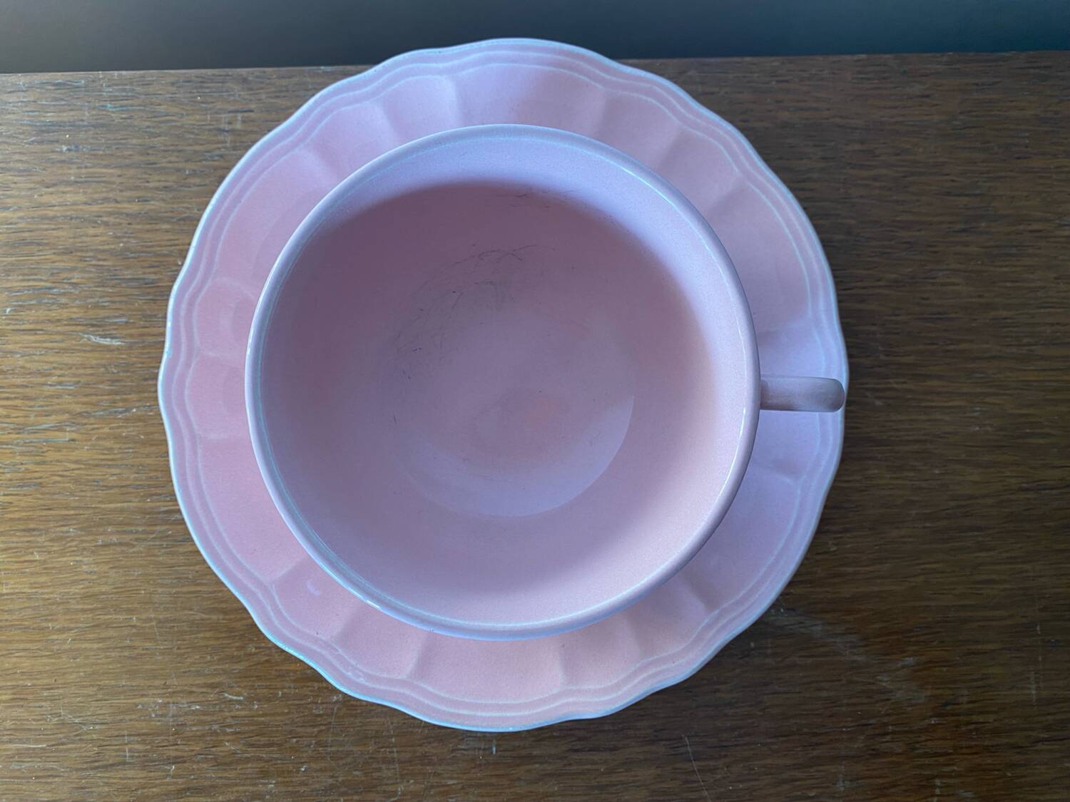 Antique salins les bains cup + saucer pink ceramic france vintage