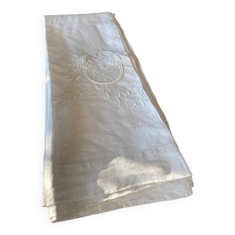 Linen sheet with OB monogram and embroidery