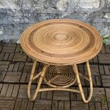 Pair of rattan tripod coffee tables 1950