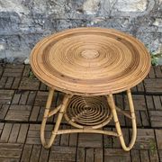Pair of tripod coffee tables in rattan from the 1950s.