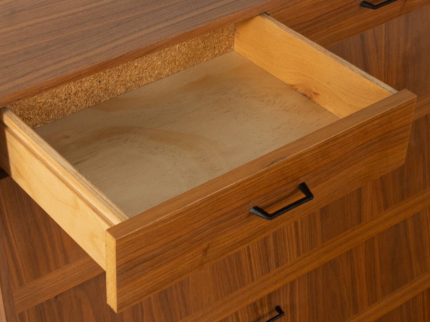 Classic shoe cabinet from the 1960s, walnut veneer, four drop-down doors, two drawers