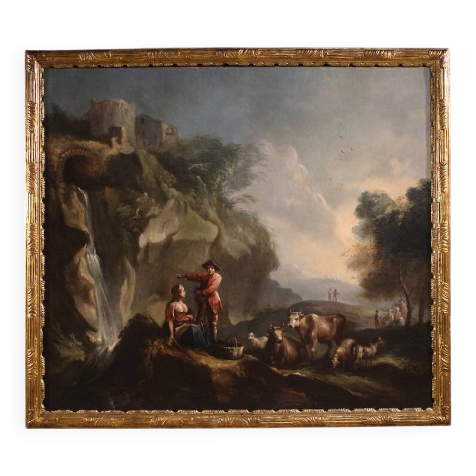 Great 18th century Italian painting, landscape with pastoral scene