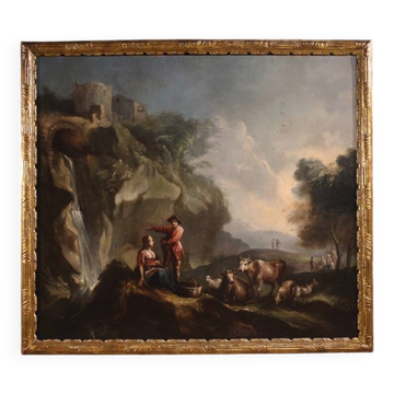 Grande peinture italienne du XVIIIe siècle, paysage avec scène pastorale.