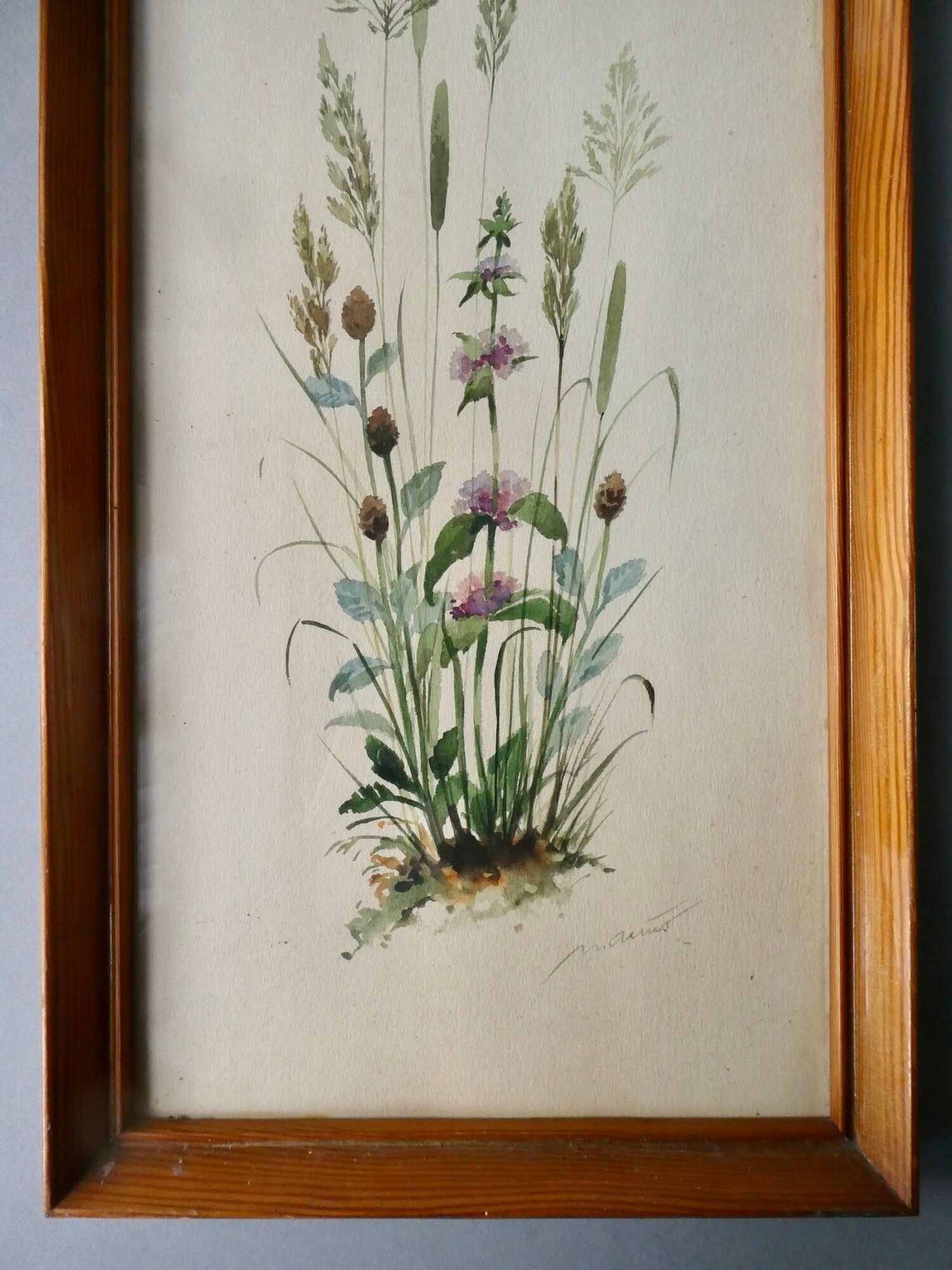 Watercolor painting of wildflowers and grasses, signed, 70s