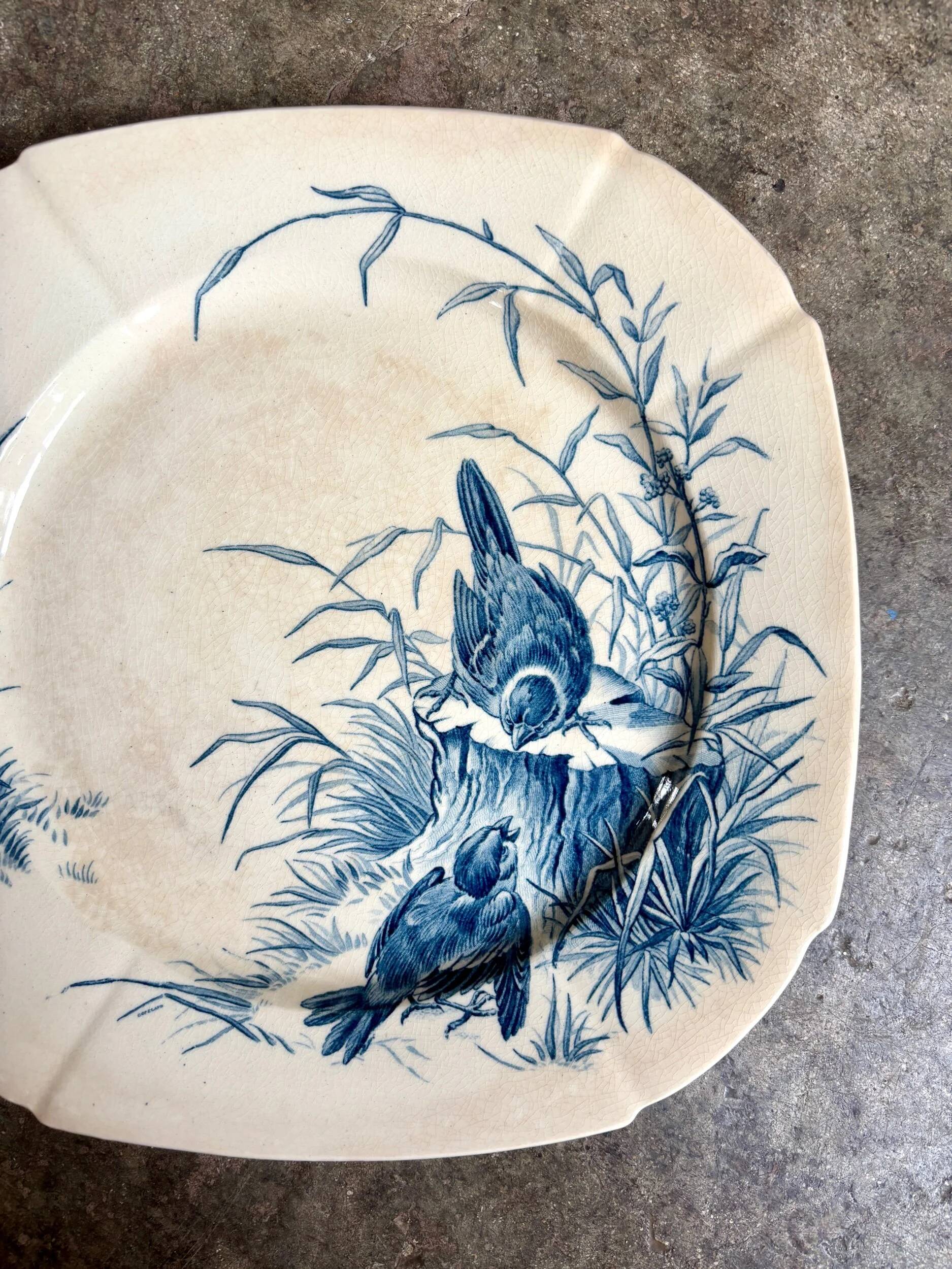 Blue ironstone plate from Gien, "Birds" service, circa 1870, no. 5.
