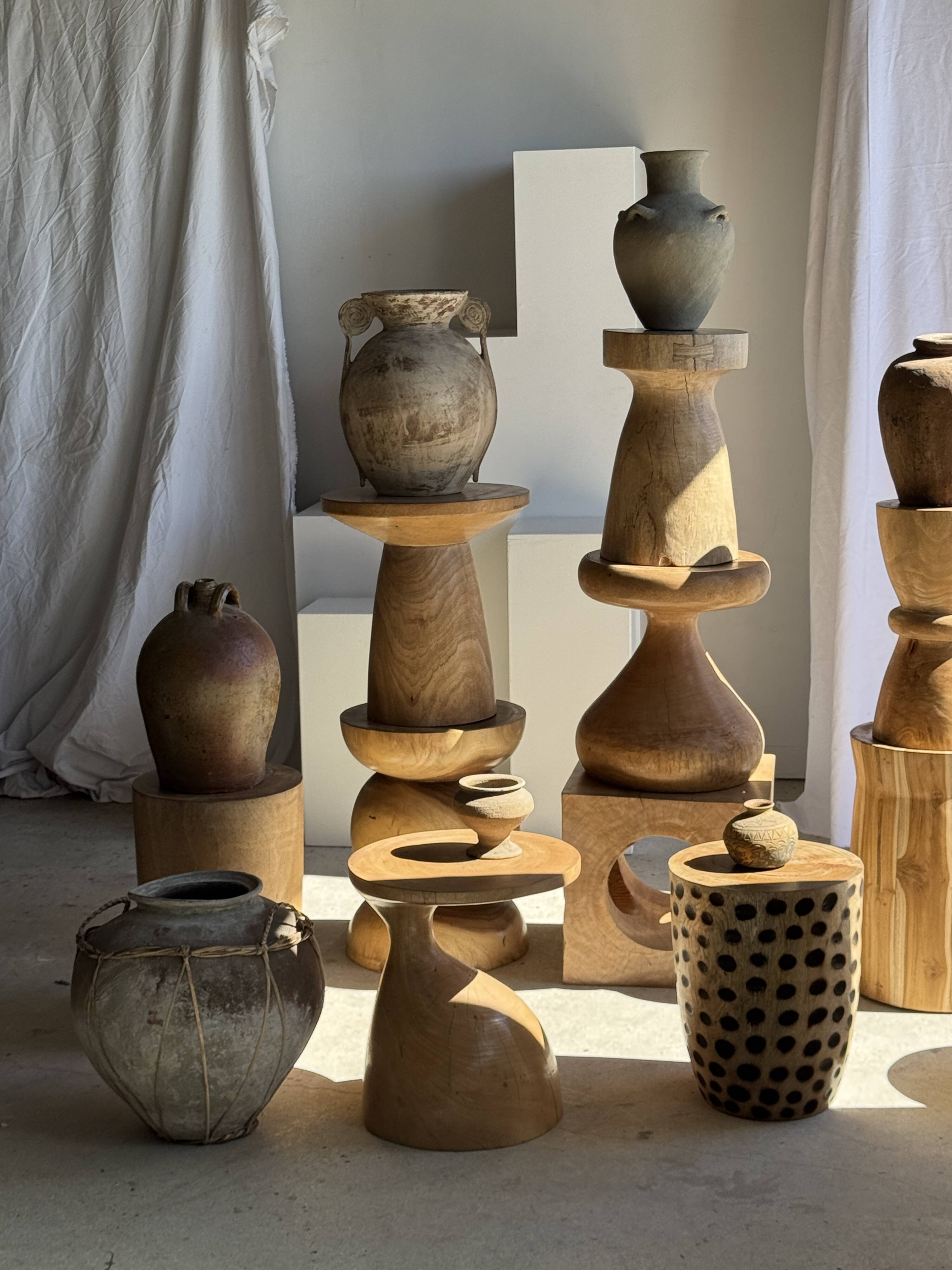 Stool, side table, cylindrical solid mango wood end table.