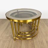 Vintage round nesting tables in gilded bronze with smoked glass