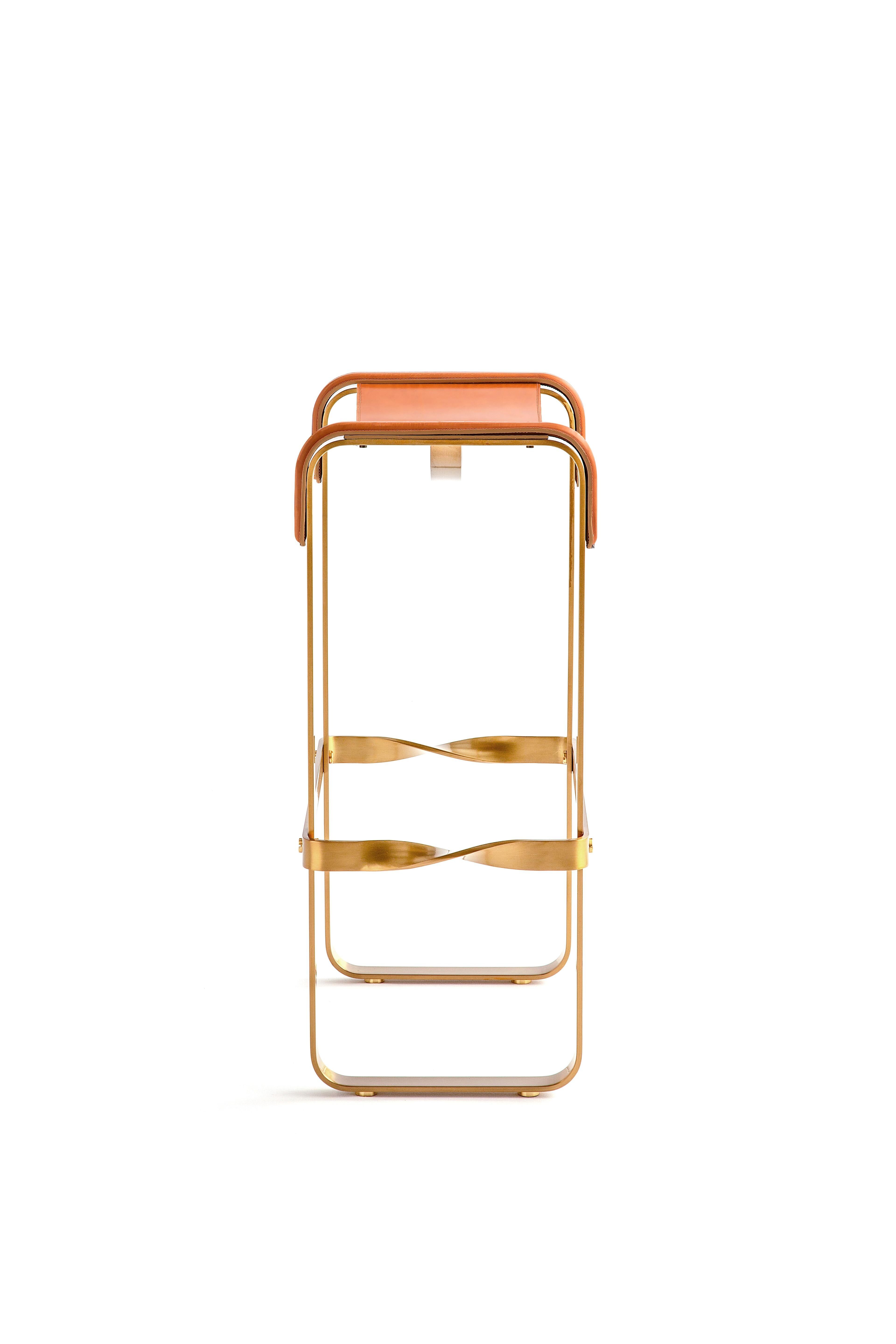 Classic Contemporary Bar Stool Metal Aged Brass and Natural Tobacco Leather