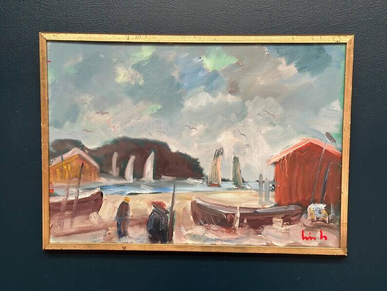 Original Swedish Oil on Canvas – “Coastal Village” by Eric Lo – Signed – Vintage & Framed