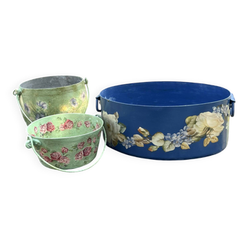 Painted Metal Flower Pot Set, Floral Tole Planters, French Country Jar
